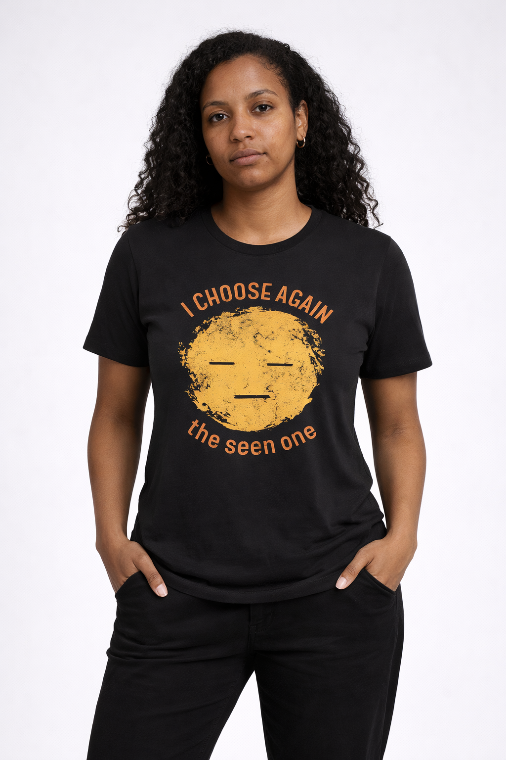 Woman wearing I Choose Again black t-shirt with yellow sun face graphic and personalized QR code – UnseenYou lifestyle, curly hair model