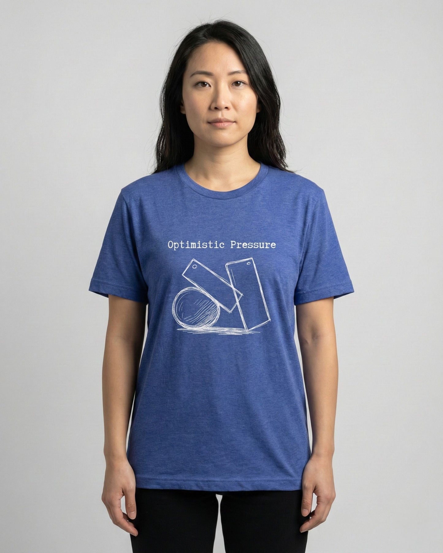 Optimistic Pressure blue t-shirt lifestyle – woman wearing geometric shapes sketch tee – UnseenYou