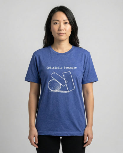 Optimistic Pressure blue t-shirt lifestyle – woman wearing geometric shapes sketch tee – UnseenYou