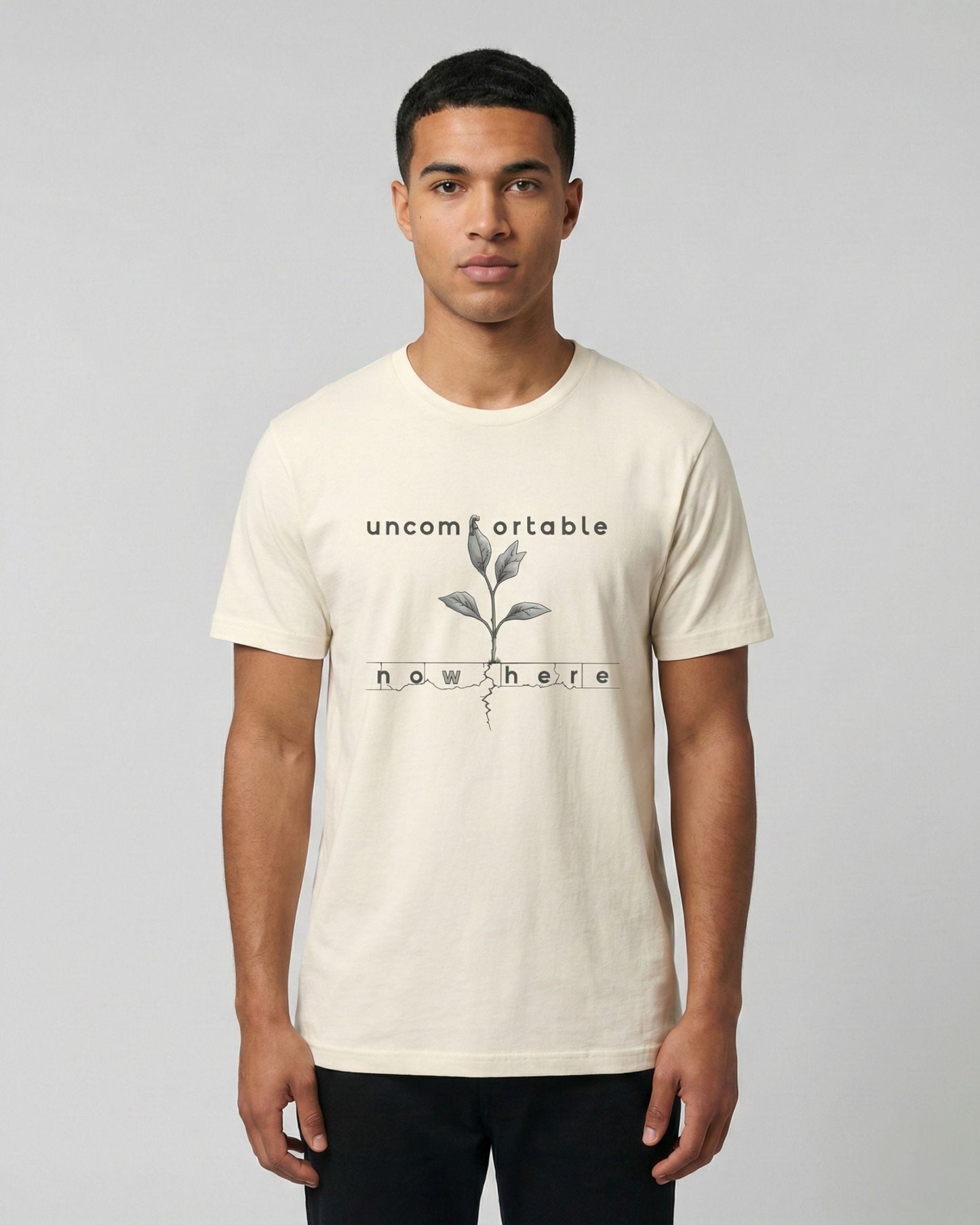 Uncomfortable Nowhere natural t-shirt lifestyle – man wearing plant sprout sketch tee – UnseenYou