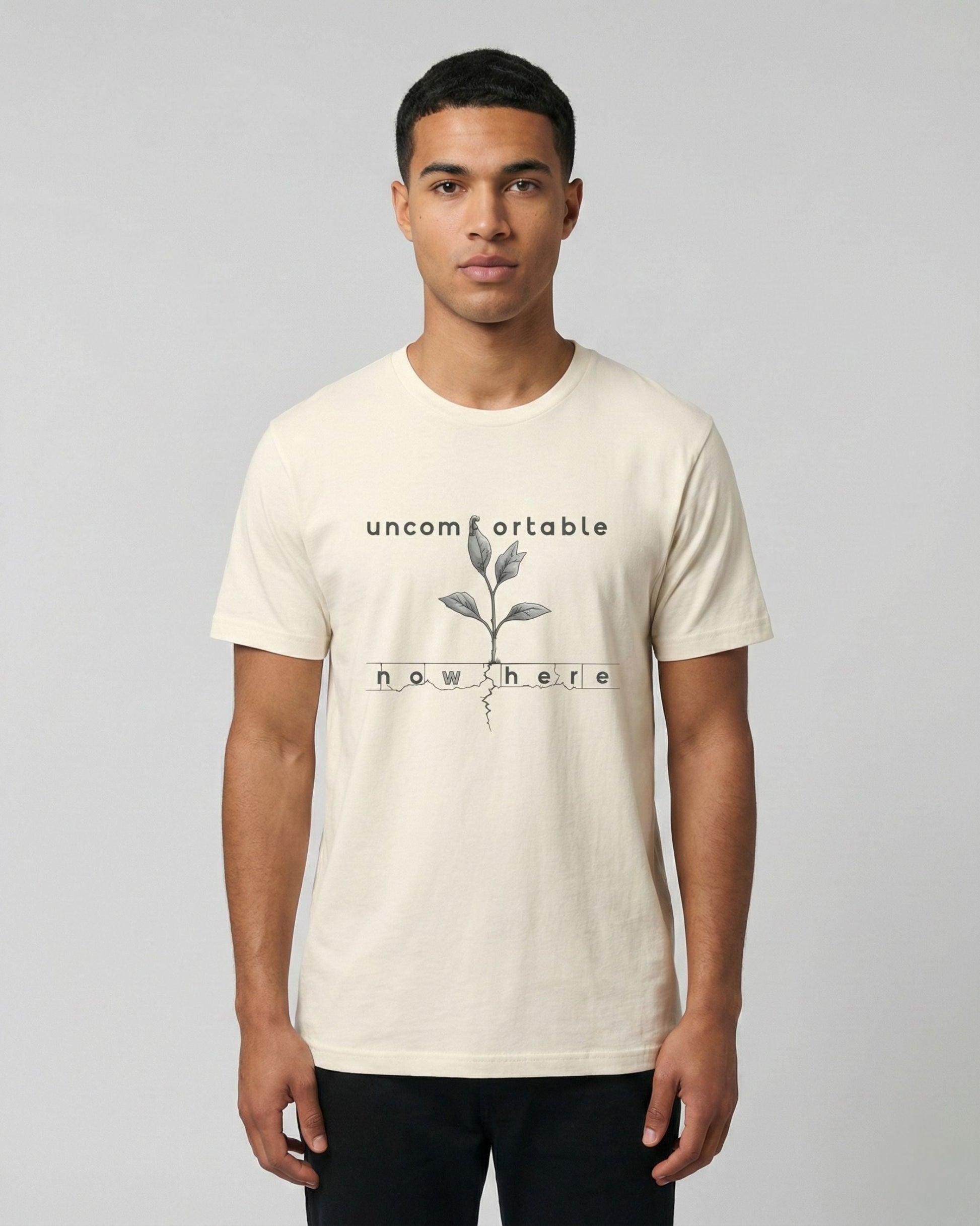 Uncomfortable Nowhere natural t-shirt lifestyle – man wearing plant sprout sketch tee – UnseenYou