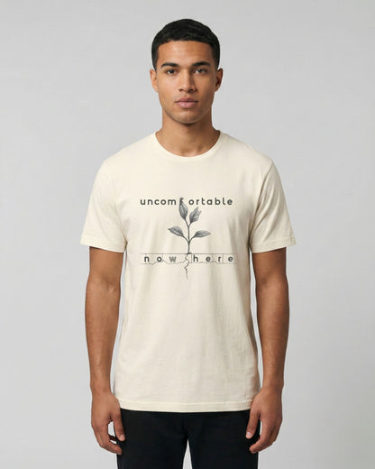 Uncomfortable Nowhere natural t-shirt lifestyle – man wearing plant sprout sketch tee – UnseenYou
