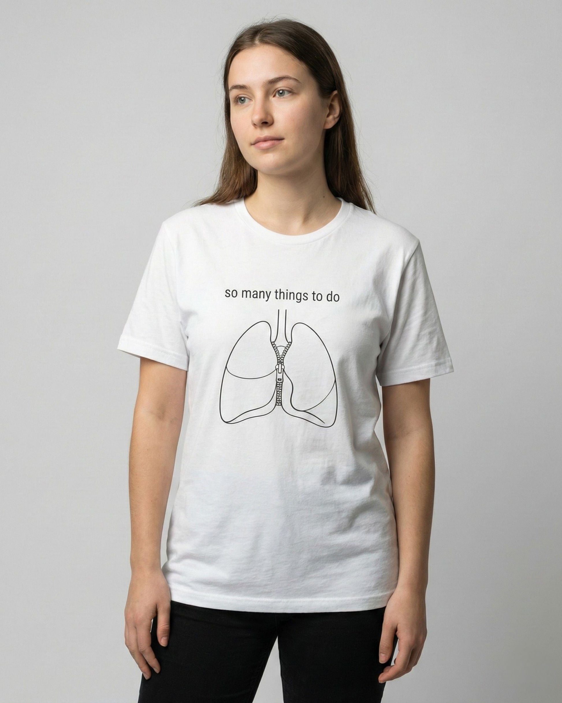 So Many Things To Do white t-shirt lifestyle – woman wearing lungs with zipper sketch tee – UnseenYou