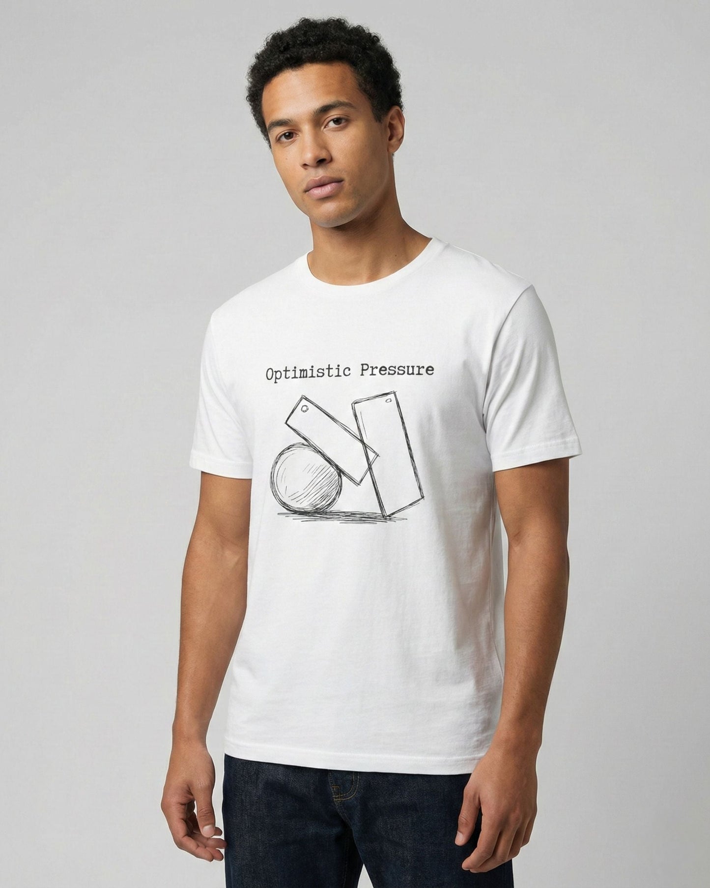 Optimistic Pressure white t-shirt lifestyle – man wearing geometric shapes sketch tee – UnseenYou