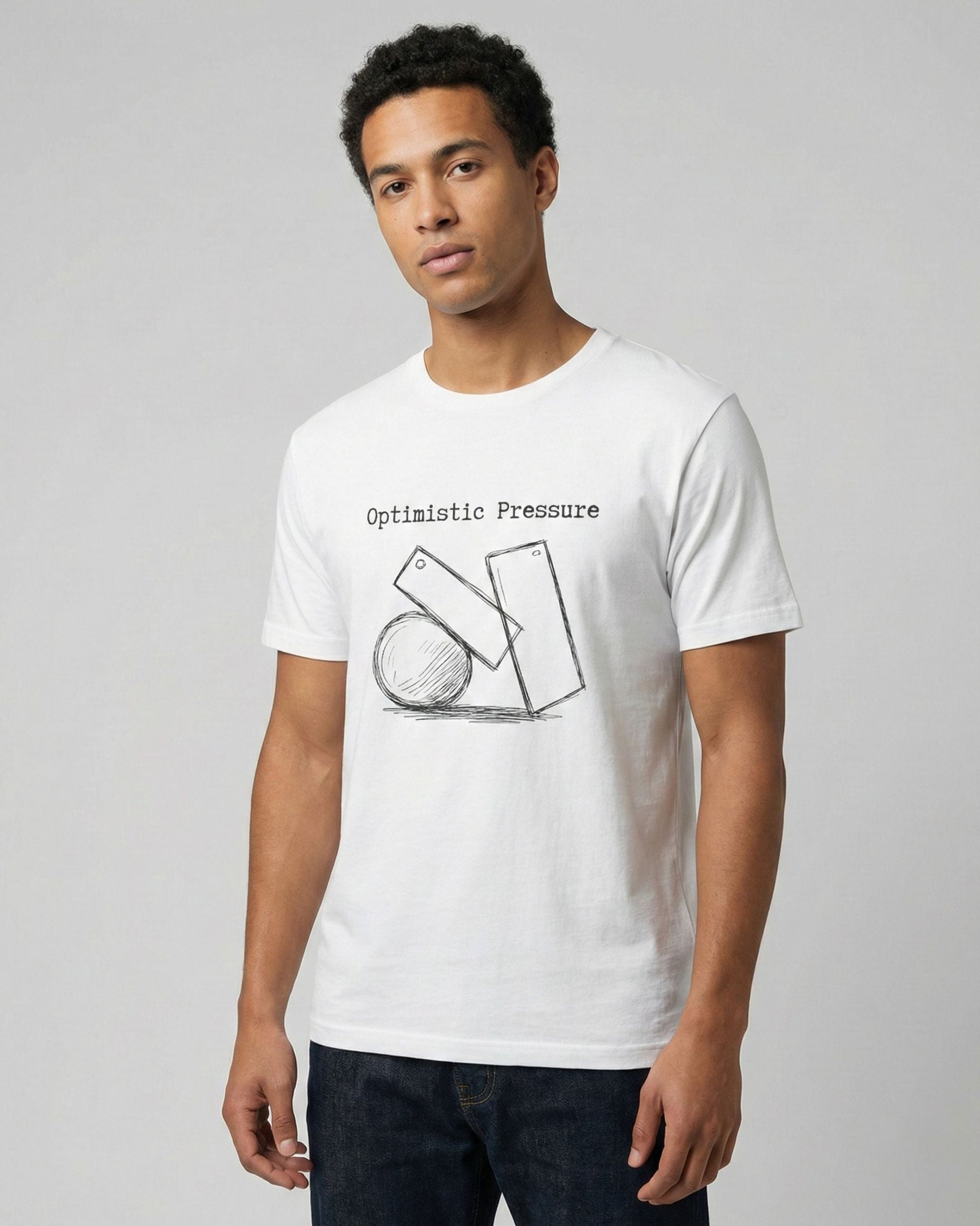Optimistic Pressure white t-shirt lifestyle – man wearing geometric shapes sketch tee – UnseenYou