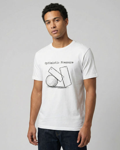 Optimistic Pressure white t-shirt lifestyle – man wearing geometric shapes sketch tee – UnseenYou
