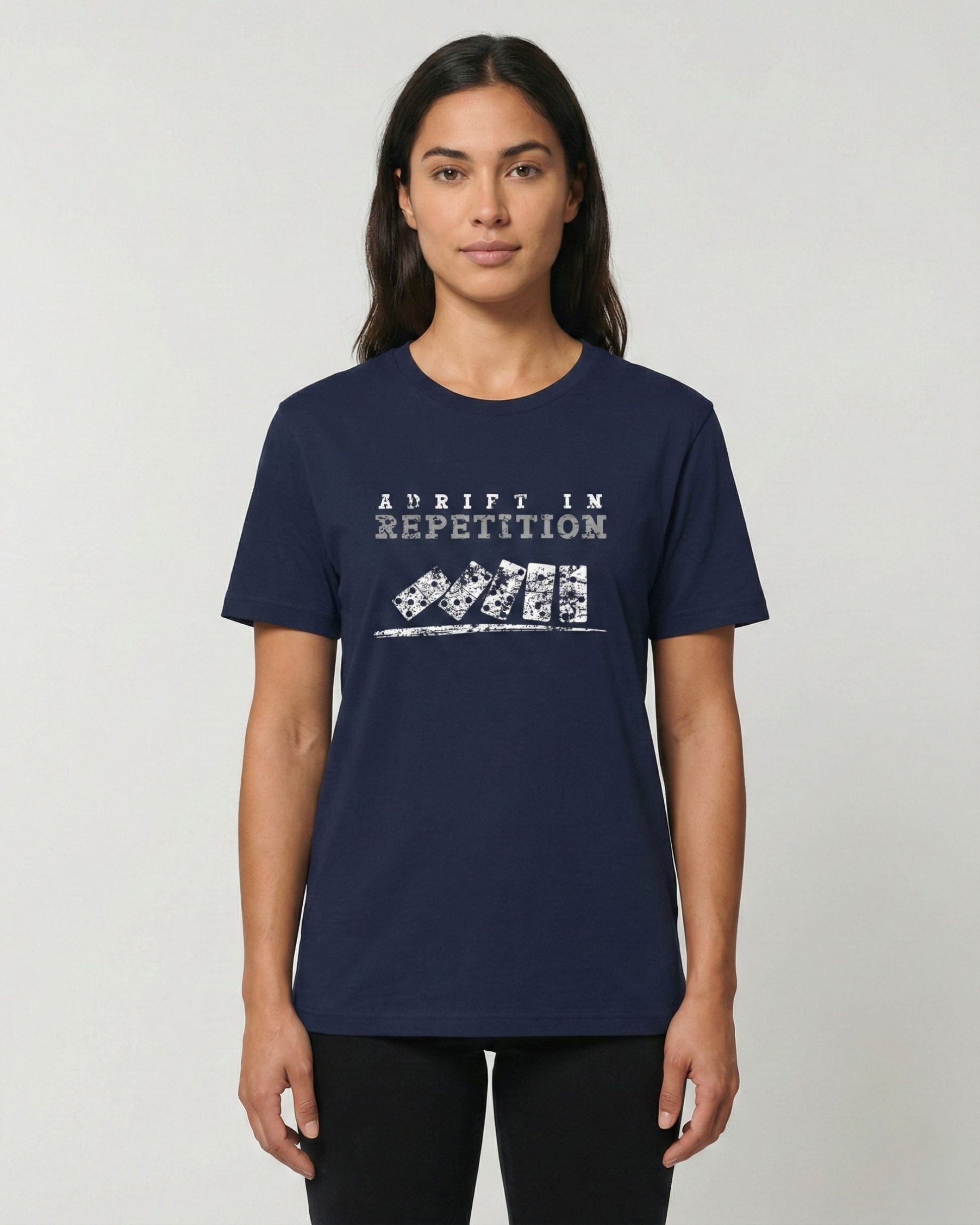 Adrift in Repetition navy t-shirt lifestyle photo woman wearing falling dominoes with skull faces design – UnseenYou