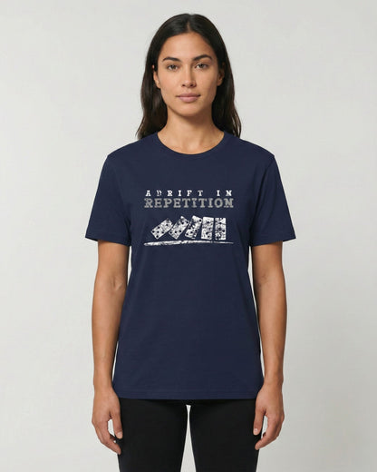 Adrift in Repetition navy t-shirt lifestyle photo woman wearing falling dominoes with skull faces design – UnseenYou