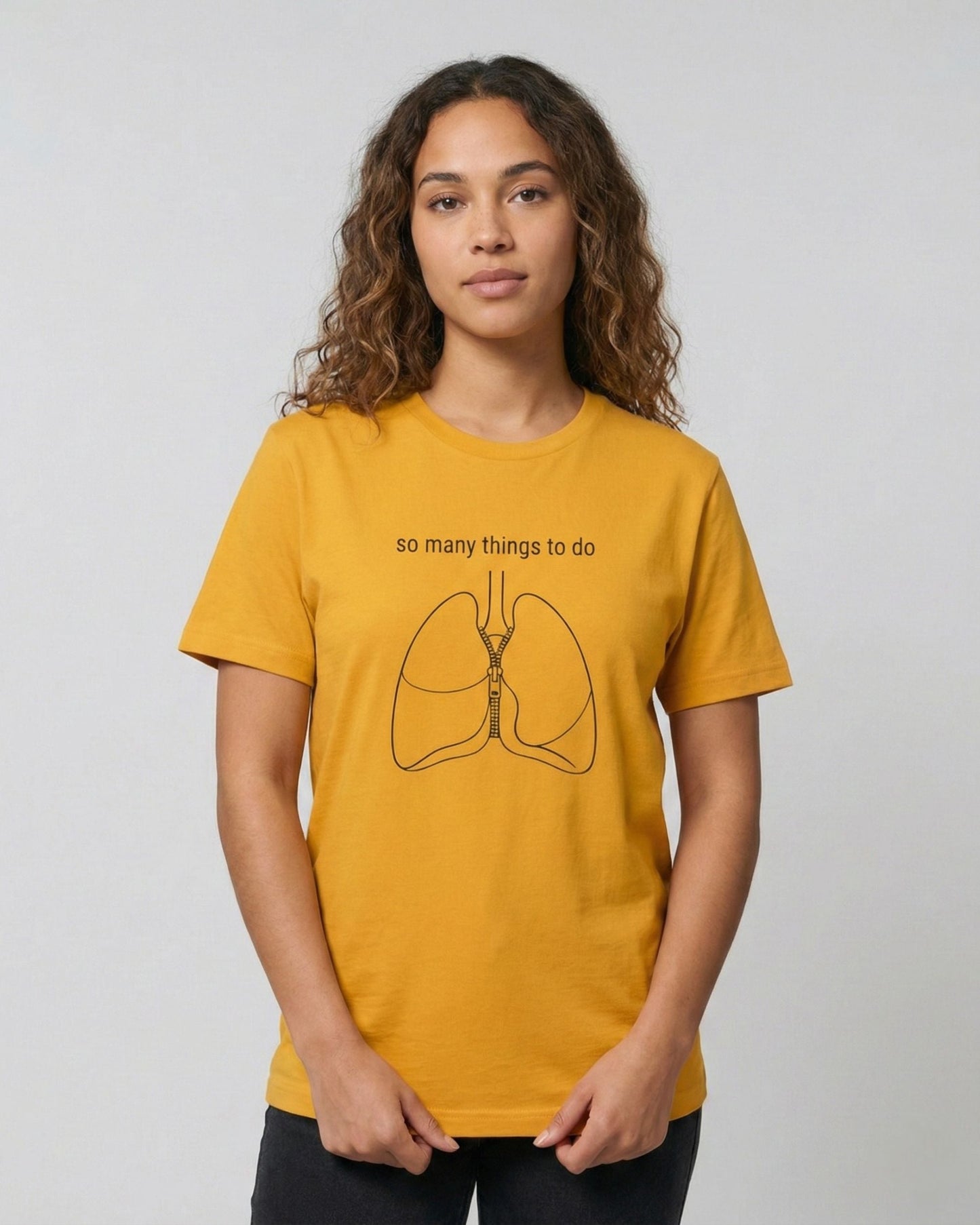 So Many Things To Do mustard t-shirt lifestyle – woman wearing lungs with zipper sketch tee – UnseenYou
