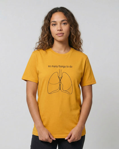 So Many Things To Do mustard t-shirt lifestyle – woman wearing lungs with zipper sketch tee – UnseenYou