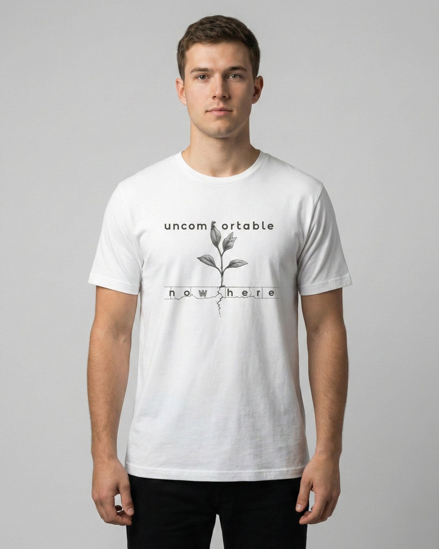 Uncomfortable Nowhere white t-shirt lifestyle – man wearing plant sprout sketch tee – UnseenYou