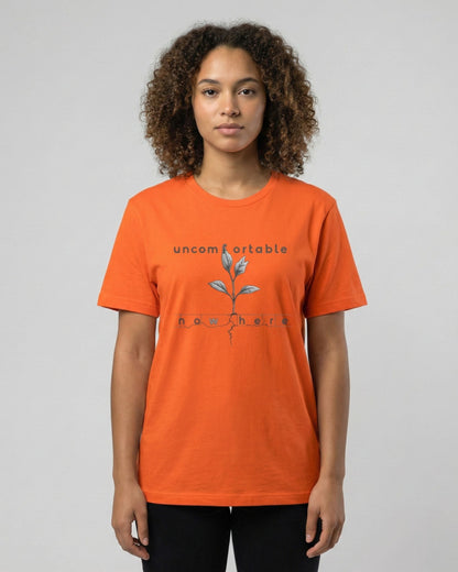 Uncomfortable Nowhere orange t-shirt lifestyle – woman wearing plant sprout sketch tee – UnseenYou
