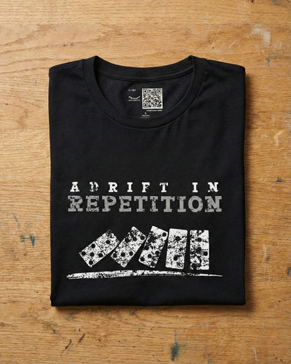 Adrift in Repetition black t-shirt flat lay – falling dominoes with skull faces design – UnseenYou