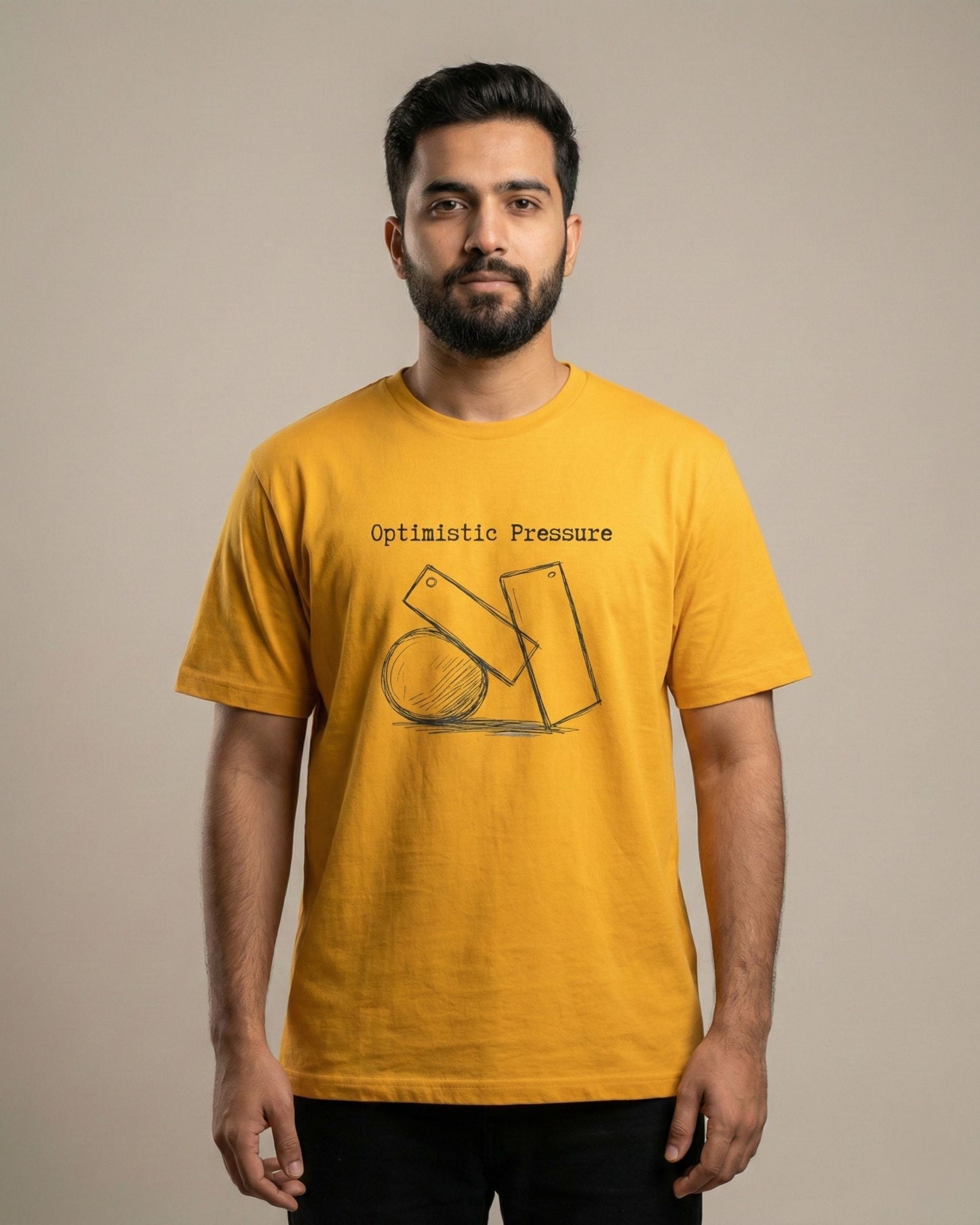Optimistic Pressure mustard t-shirt lifestyle – man wearing geometric shapes sketch tee – UnseenYou