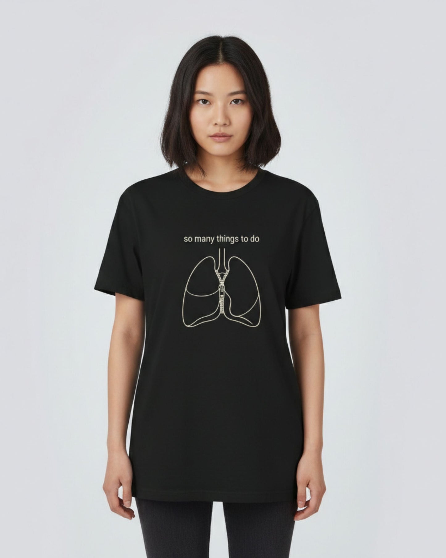 So Many Things To Do black t-shirt lifestyle – woman wearing lungs with zipper sketch tee – UnseenYou