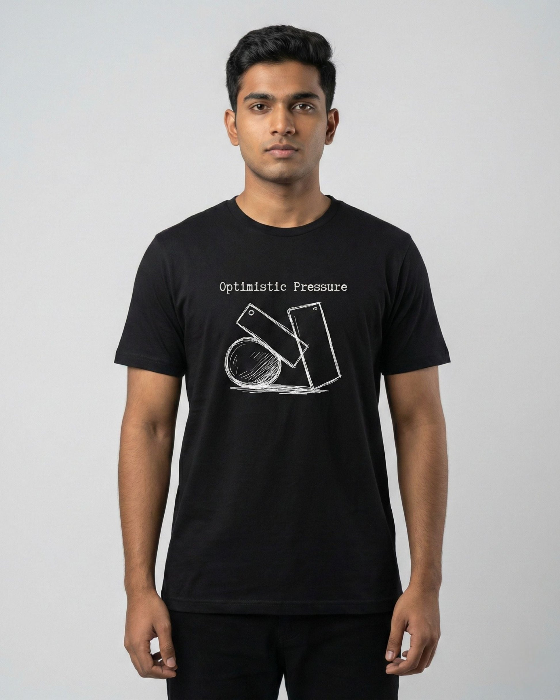 Optimistic Pressure black t-shirt lifestyle – man wearing geometric shapes sketch tee – UnseenYou