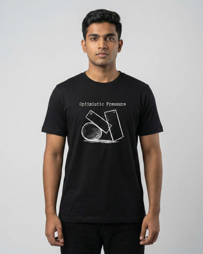 Optimistic Pressure black t-shirt lifestyle – man wearing geometric shapes sketch tee – UnseenYou
