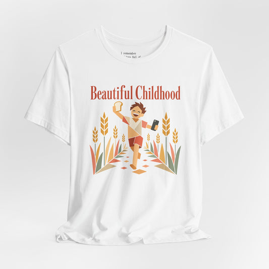 Warm countryside childhood T-shirt design with a child running through fields, carrying the feeling of bright childhood memory and adult recognition.