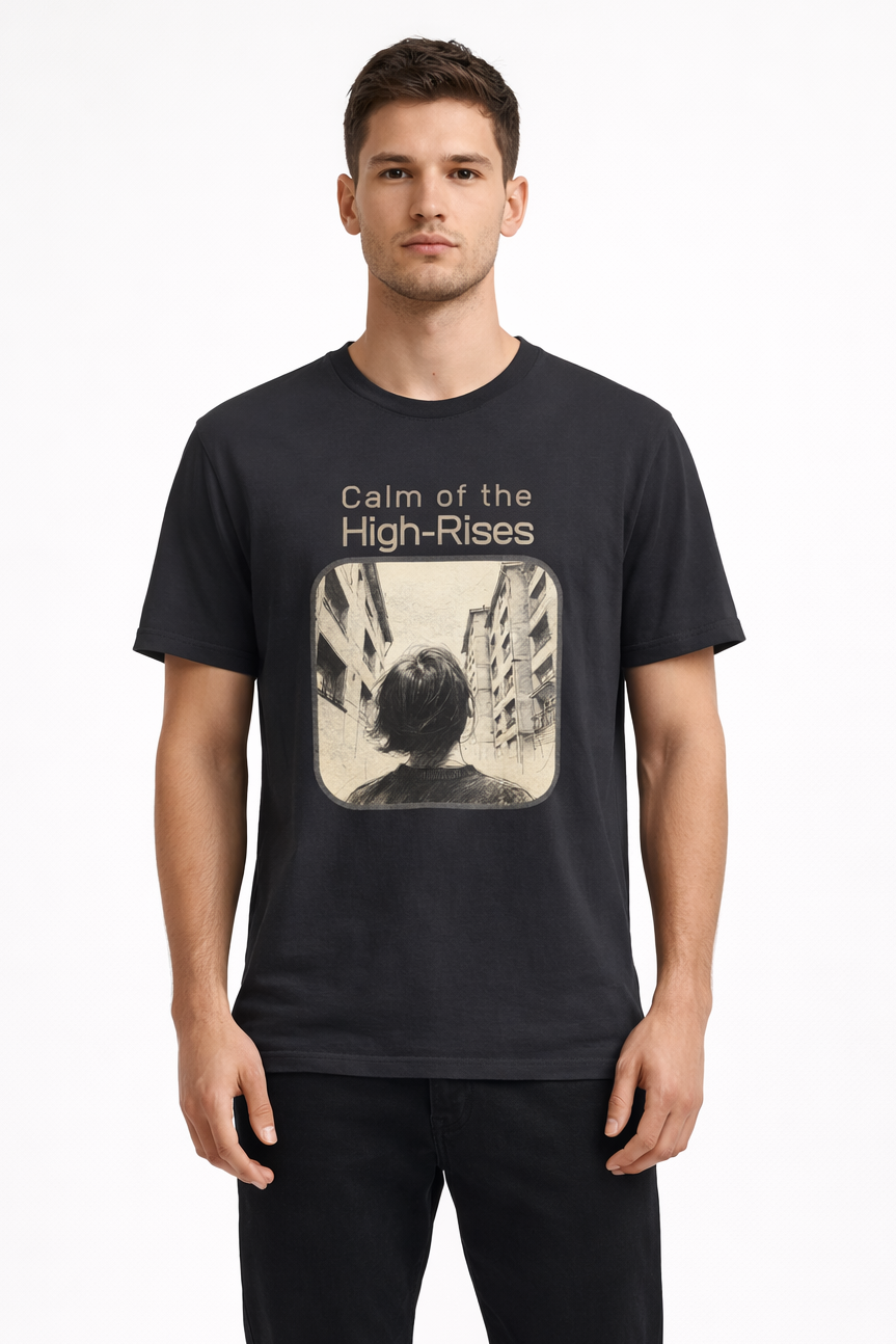 Man wearing Calm of the High-Rises black graphic t-shirt with personalized QR code and city silhouette print – UnseenYou lifestyle