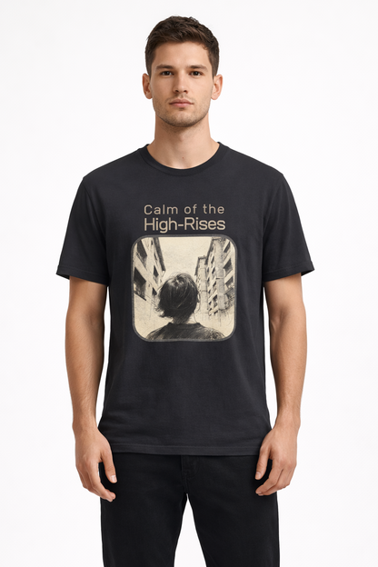 Man wearing Calm of the High-Rises black graphic t-shirt with personalized QR code and city silhouette print – UnseenYou lifestyle