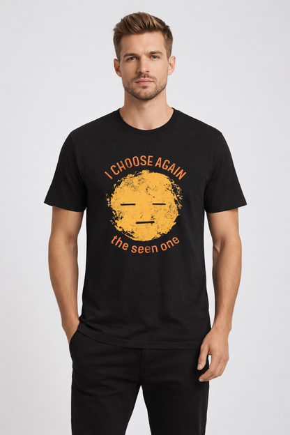 Man wearing I Choose Again black t-shirt with yellow sun face graphic and personalized QR code – UnseenYou lifestyle