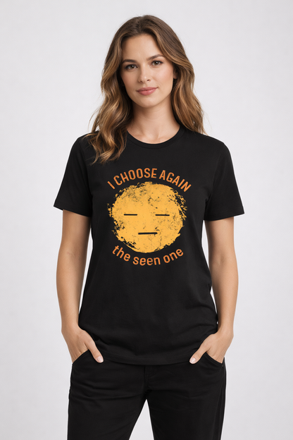 Woman wearing I Choose Again black t-shirt with yellow sun face graphic and personalized QR code – UnseenYou lifestyle