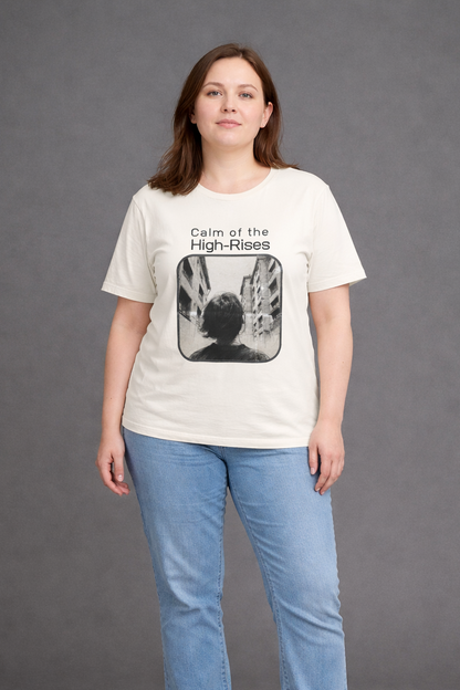 Woman wearing Calm of the High-Rises natural white graphic t-shirt with personalized QR code and city silhouette print – UnseenYou lifestyle