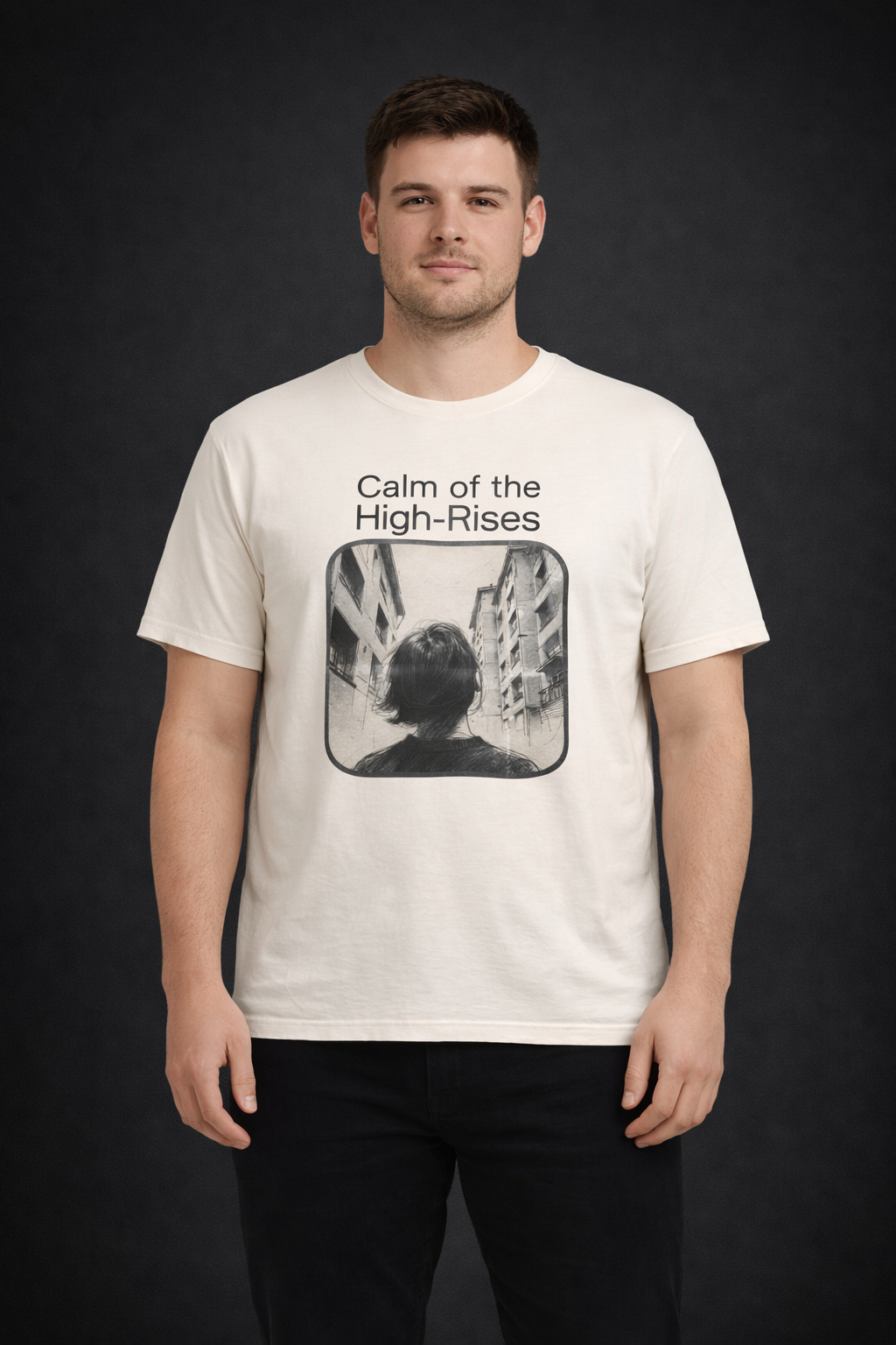 Man wearing Calm of the High-Rises natural white graphic t-shirt with personalized QR code – UnseenYou lifestyle dark background