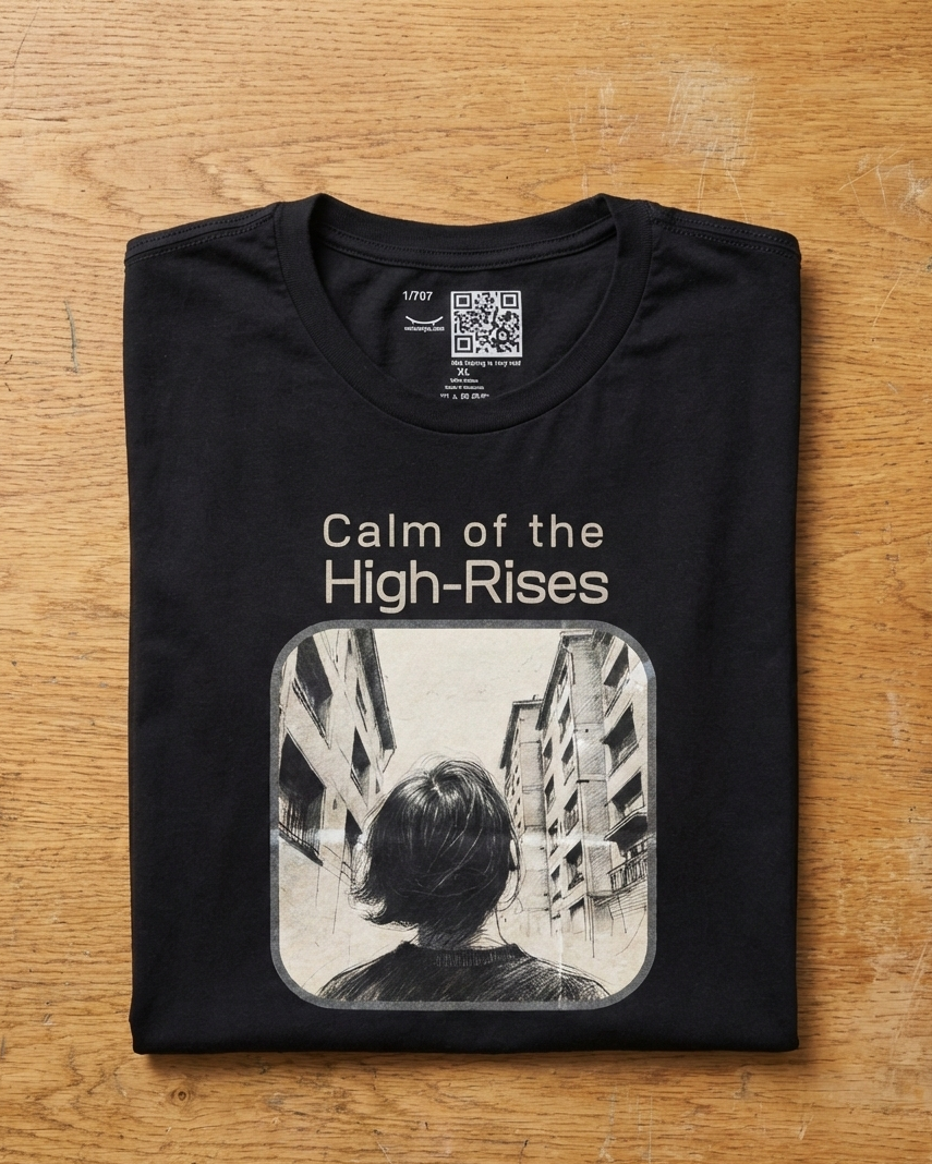 Calm of the High-Rises black graphic t-shirt with personalized QR code, retro city silhouette print of woman gazing up between buildings – UnseenYou