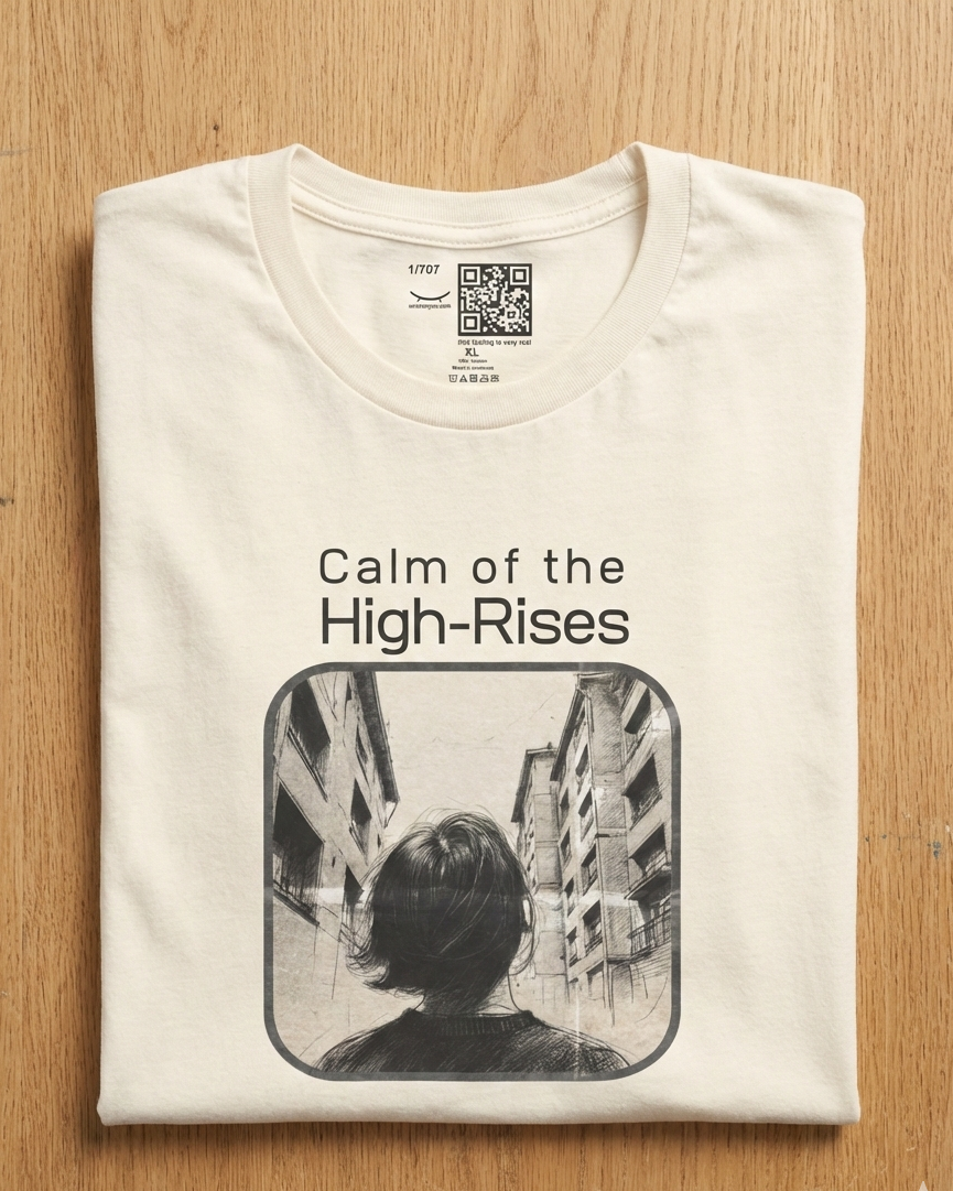 Calm of the High-Rises natural white graphic t-shirt with personalized QR code, retro city silhouette print of woman between buildings – UnseenYou