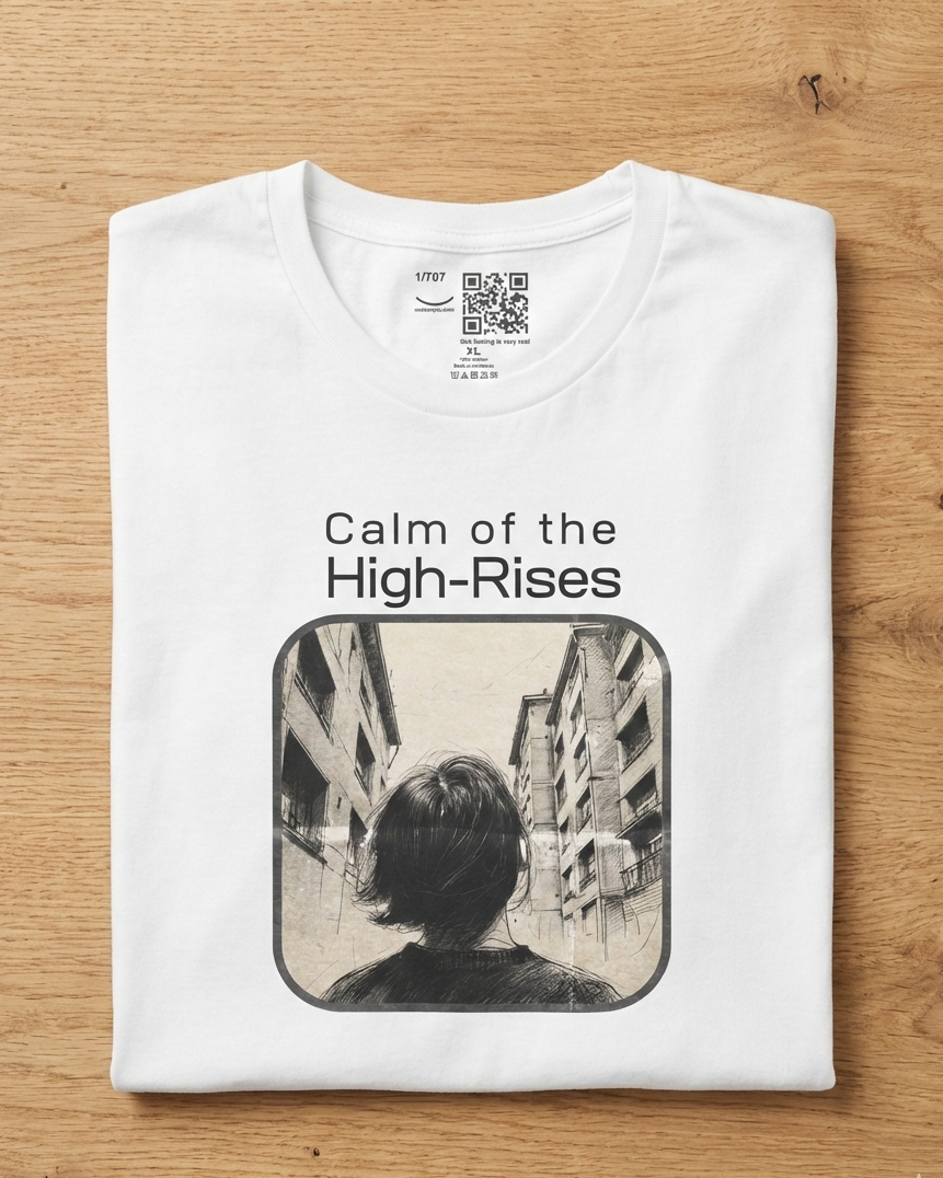 Close-up of Calm of the High-Rises t-shirt graphic – city silhouette print with personalized QR code detail, white shirt flat lay – UnseenYou