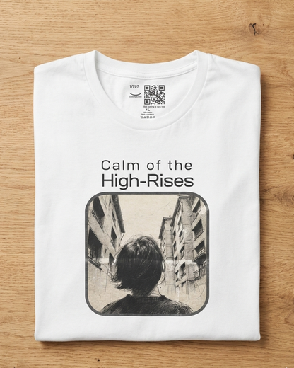 Close-up of Calm of the High-Rises t-shirt graphic – city silhouette print with personalized QR code detail, white shirt flat lay – UnseenYou