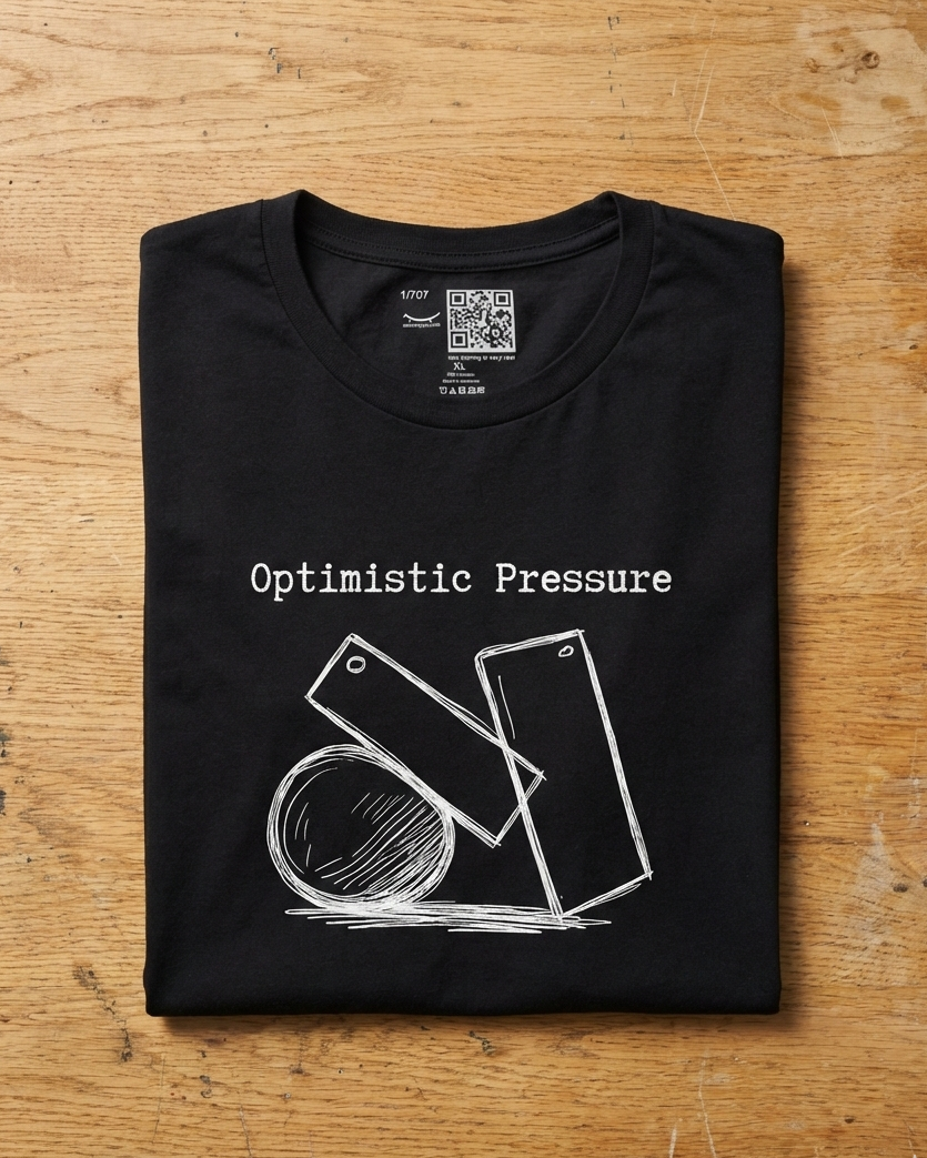 Optimistic Pressure black t-shirt flat lay – geometric shapes sketch with sphere and rectangles – UnseenYou