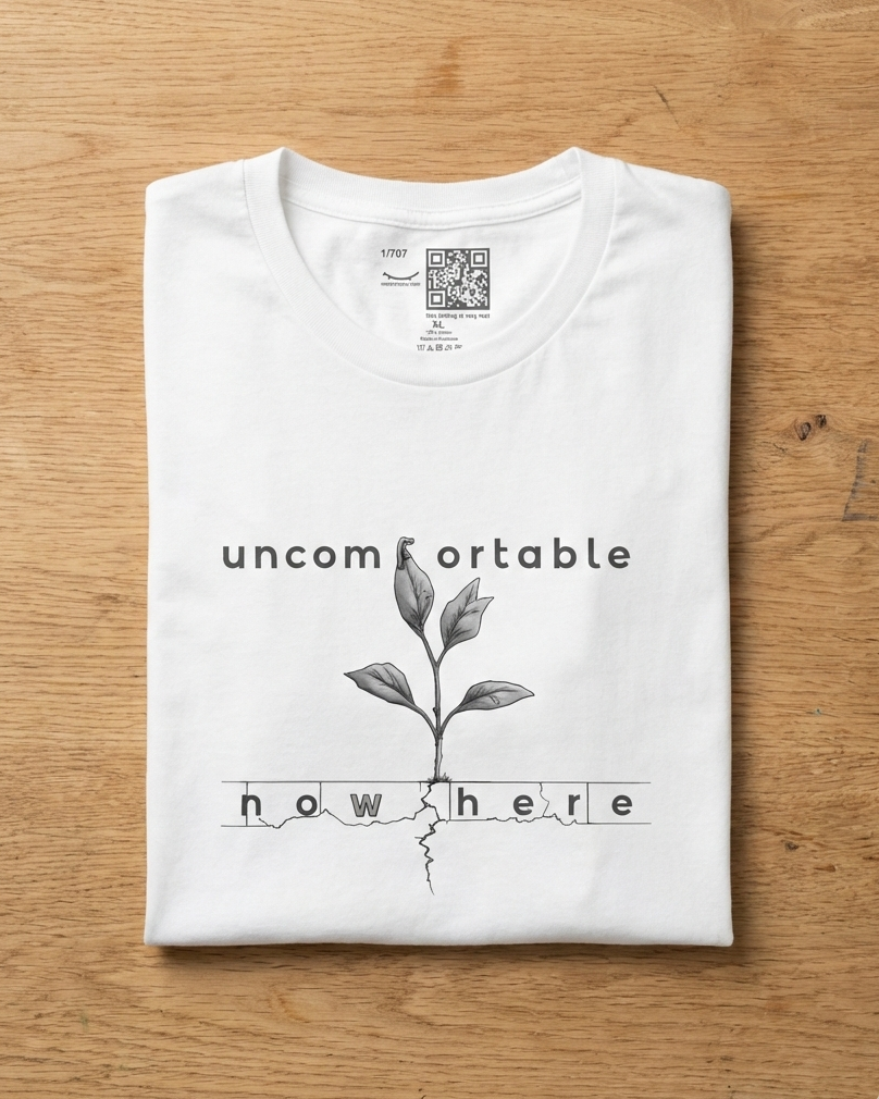 Uncomfortable Nowhere white t-shirt flat lay – plant sprout sketch with cracked ground design – UnseenYou