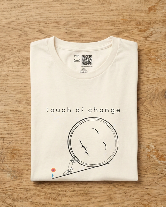 Touch of Change natural t-shirt flat lay – cracked mirror with tiny figure sketch design – UnseenYou