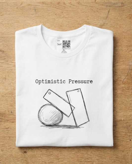 Optimistic Pressure white t-shirt flat lay – geometric shapes sketch with sphere and rectangles – UnseenYou