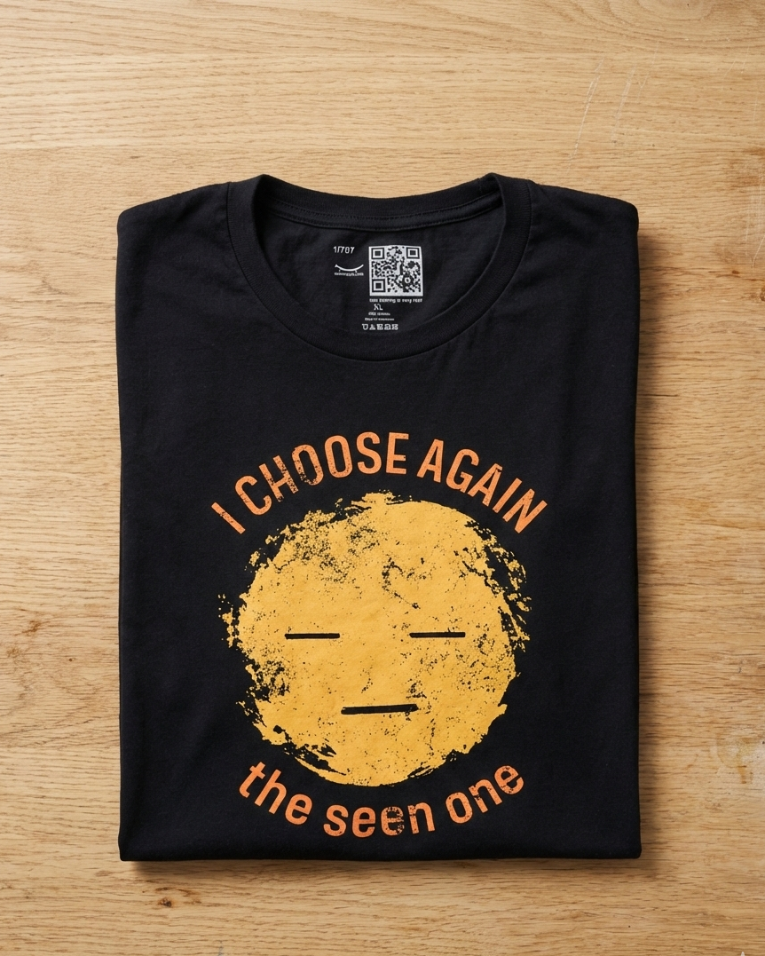 I Choose Again black t-shirt with yellow sun face graphic and personalized QR code, "the seen one" text – UnseenYou flat lay