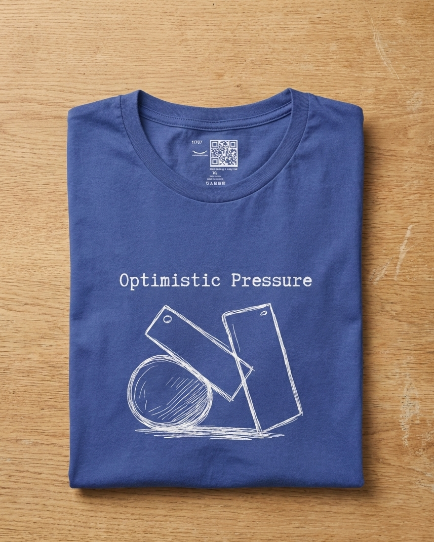 Optimistic Pressure blue t-shirt flat lay – geometric shapes sketch with sphere and rectangles – UnseenYou