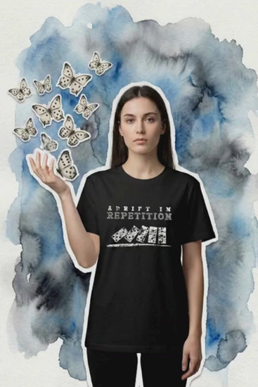 Adrift in Repetition product video – falling dominoes with skull faces design t-shirt – UnseenYou