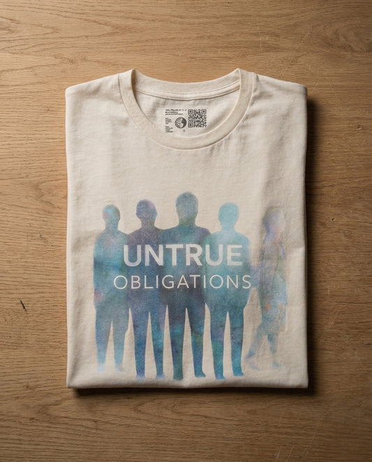 Untrue Obligations natural t-shirt flat lay – faceless silhouettes watercolor crowd design – UnseenYou